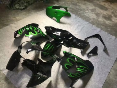 Kawasaki ZX9R 2000-2001 Motorrad Verkleidungen - Glänzend Schwarze Grüne Flamme